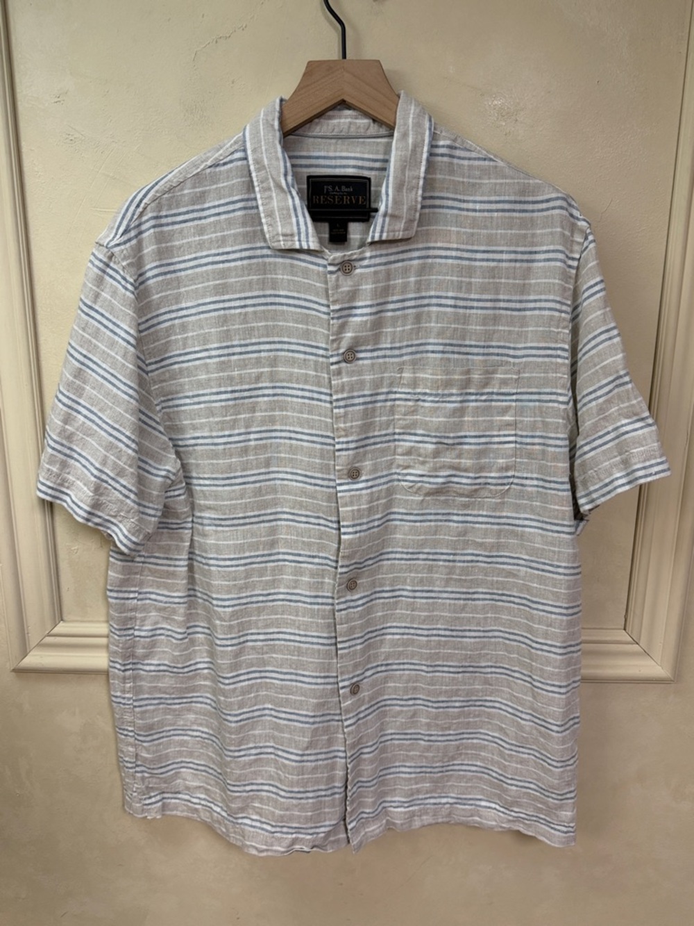 Jos A. Bank Reserve LINEN Shirt Mens Large Beige Stripe Button Up Short Sleeve
